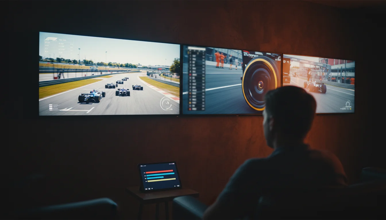 Pantallas mostrando la retransmisión en directo de una carrera de Fórmula 1 con datos de posiciones y tiempos