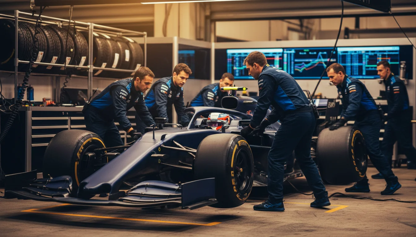 Equipo de Fórmula 1 trabajando en el pit lane durante una parada en boxes