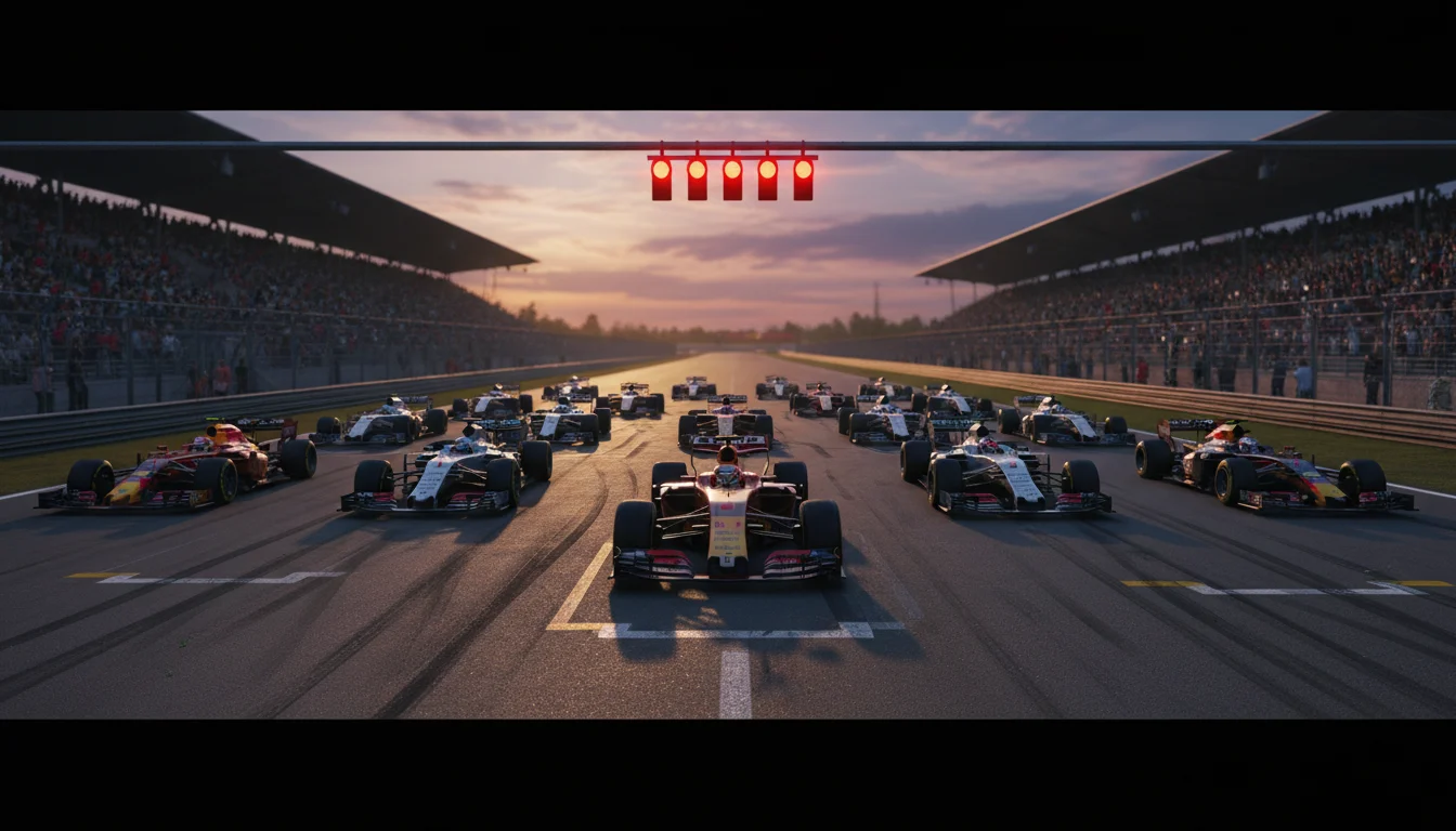Salida de un Gran Premio de Fórmula 1 con los monoplazas alineados en la parrilla bajo las luces del semáforo
