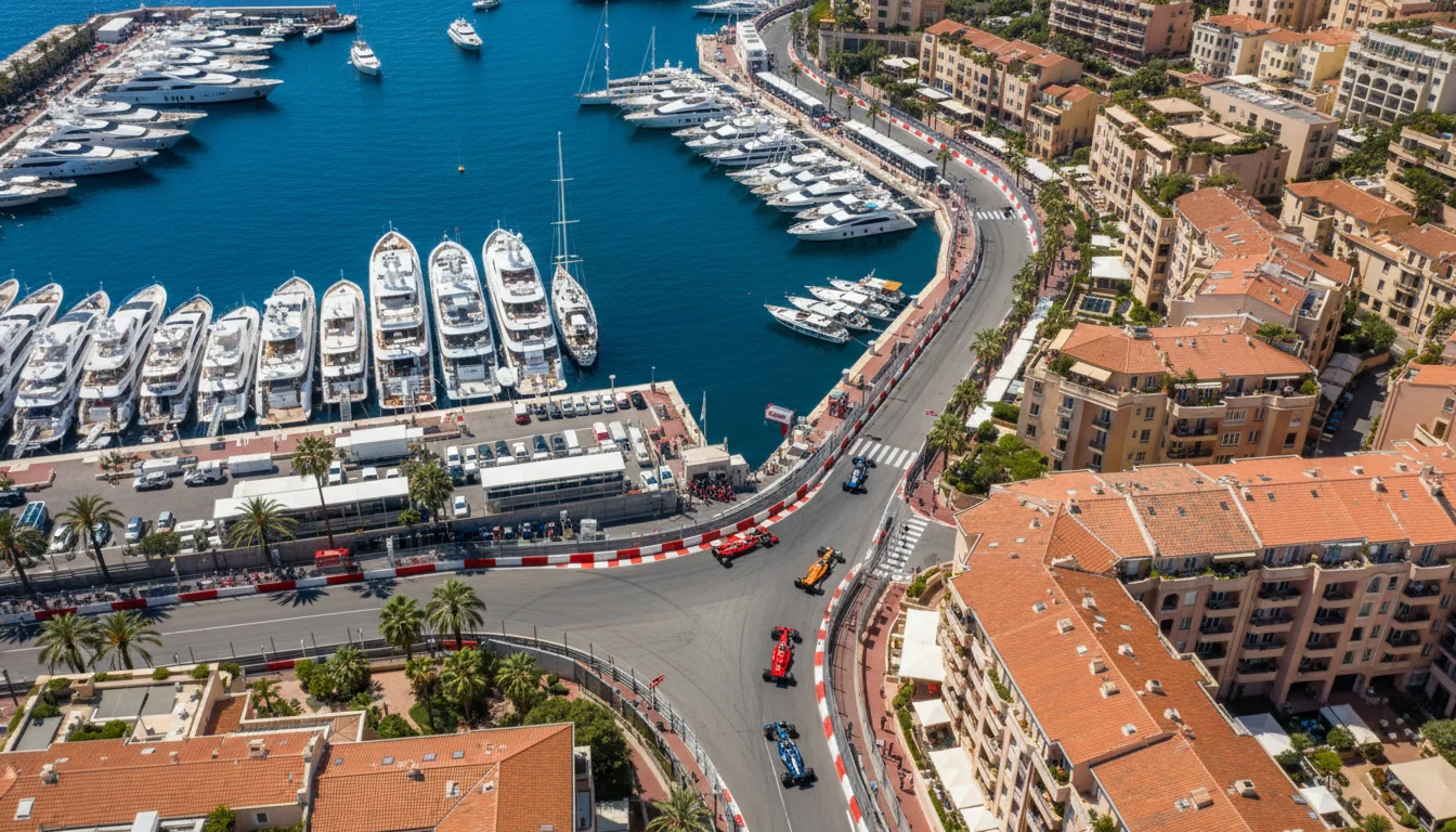 Vista aérea del circuito callejero de Mónaco con monoplazas de Fórmula 1 circulando junto al puerto
