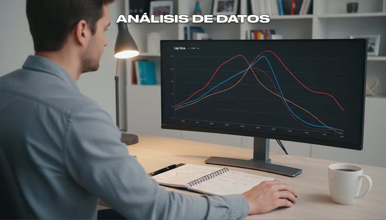 Persona analizando datos de telemetría de Fórmula 1 en una pantalla con gráficos de rendimiento