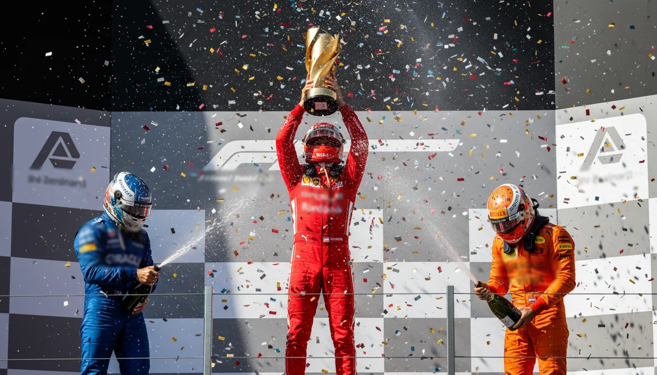Tres pilotos de Fórmula 1 en el podio celebrando con trofeos tras un Gran Premio