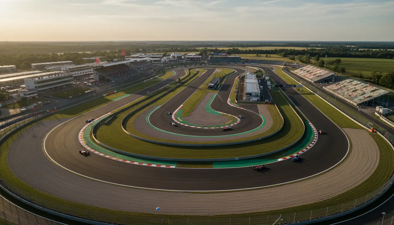 Vista aérea de un circuito de Fórmula 1 con curvas y rectas marcadas en el asfalto