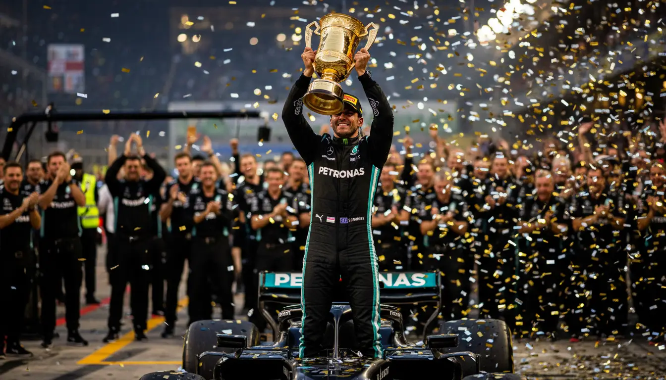 Piloto de Fórmula 1 levantando trofeo del campeonato del mundo
