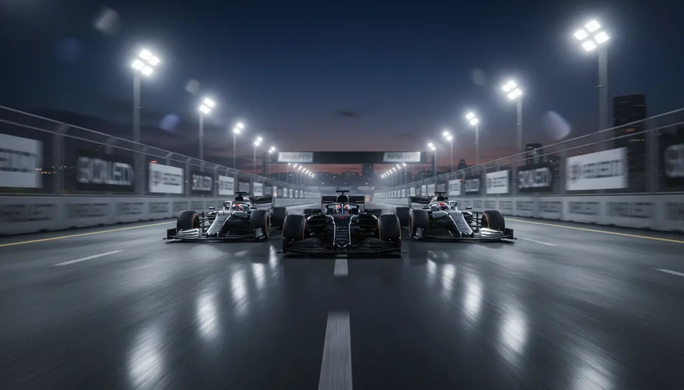 Vista del circuito de Fórmula 1 durante una carrera nocturna con monoplazas en acción