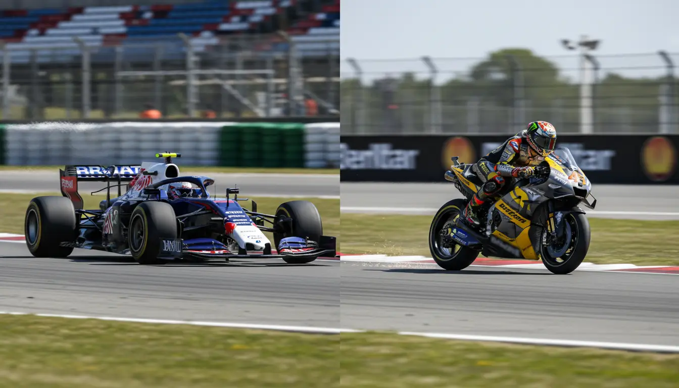 Monoplaza de F1 y moto de MotoGP en acción sobre asfalto
