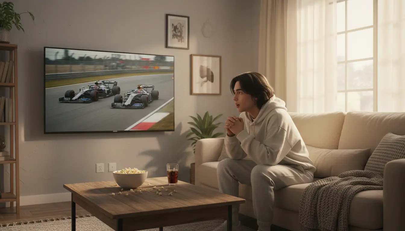 Aficionado viendo carrera de Fórmula 1 en televisión con interés
