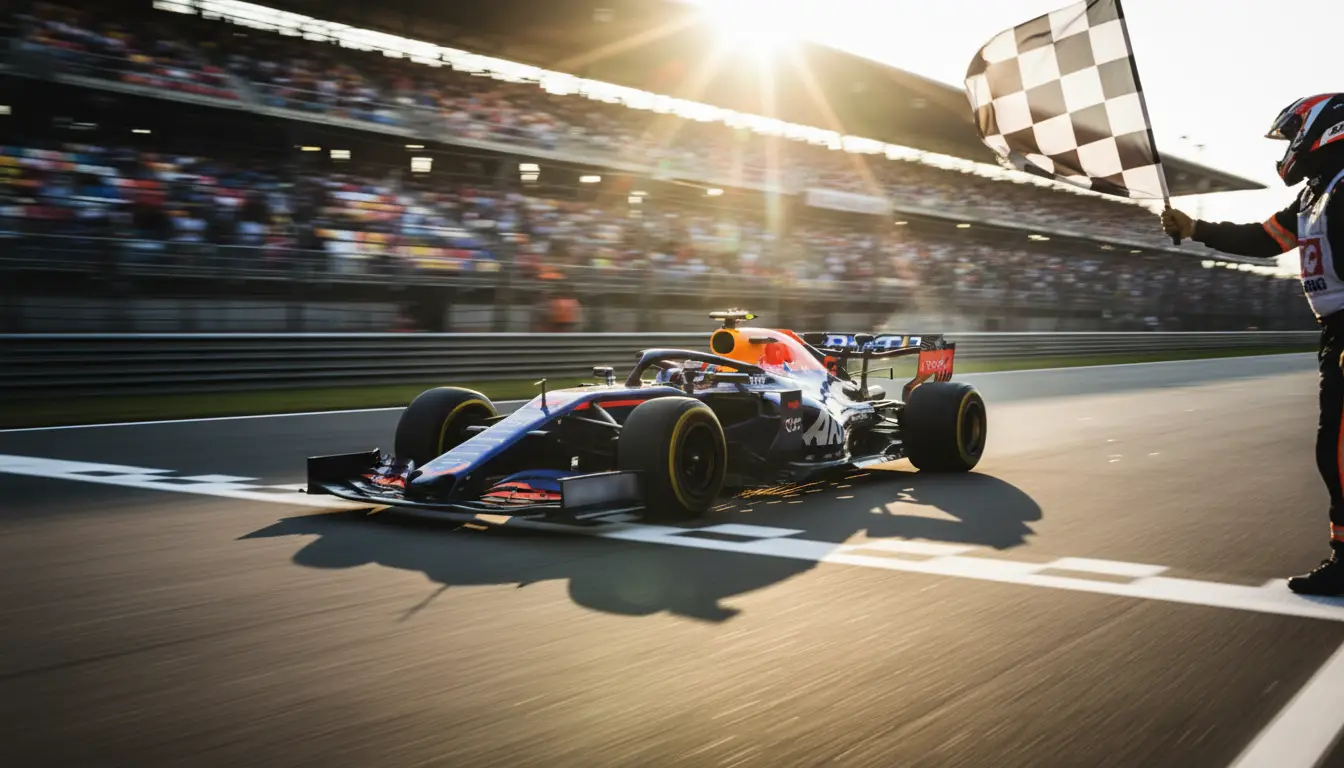 Monoplaza de Fórmula 1 cruzando la línea de meta con bandera a cuadros