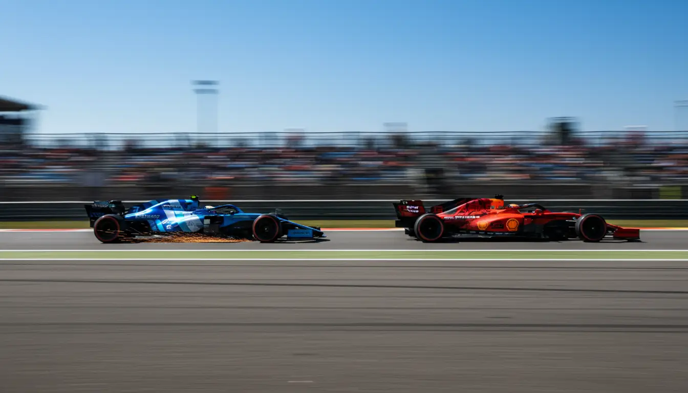 Dos monoplazas de Fórmula 1 rodando lado a lado en recta de circuito