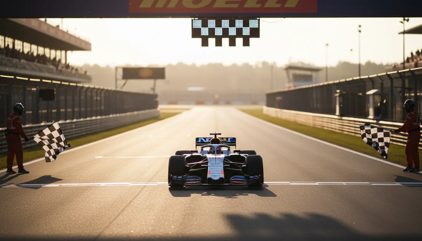 Monoplaza de F1 cruzando la línea de meta en solitario con amplia ventaja