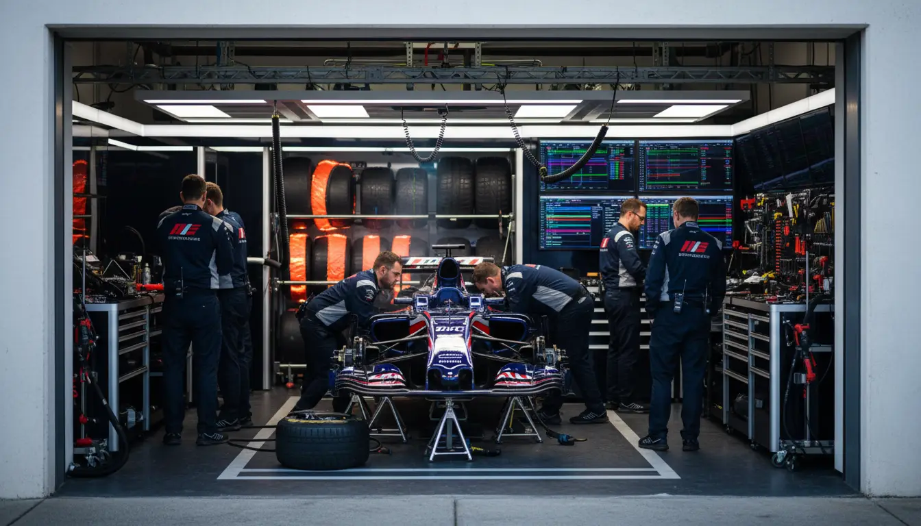 Garaje de equipo de Fórmula 1 con mecánicos trabajando en monoplaza