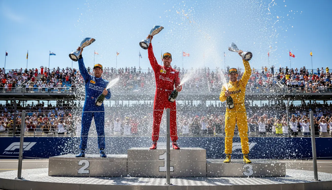Tres pilotos de Fórmula 1 celebrando en el podio con trofeos