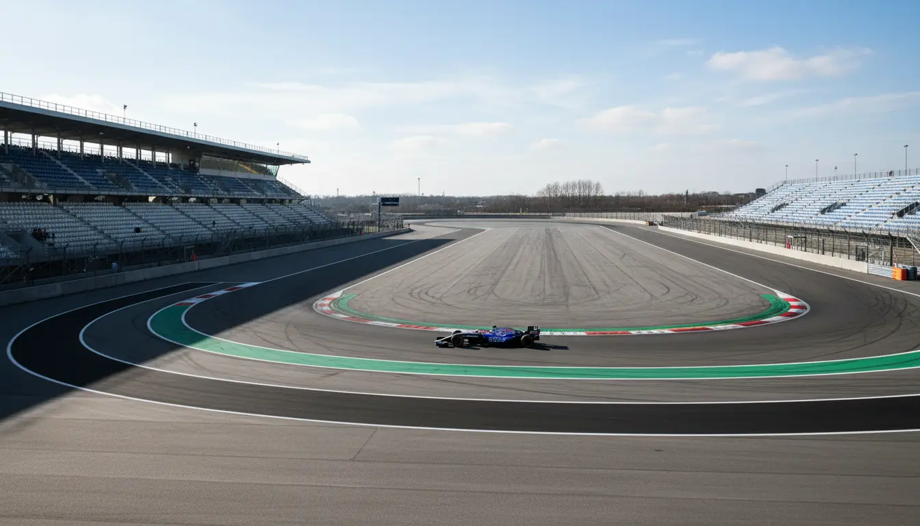 Monoplaza de F1 en tests de pretemporada en circuito vacío