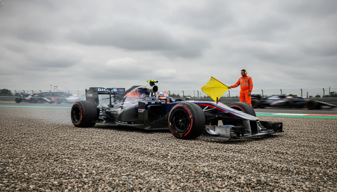 Monoplaza de F1 detenido fuera de pista con humo en el motor