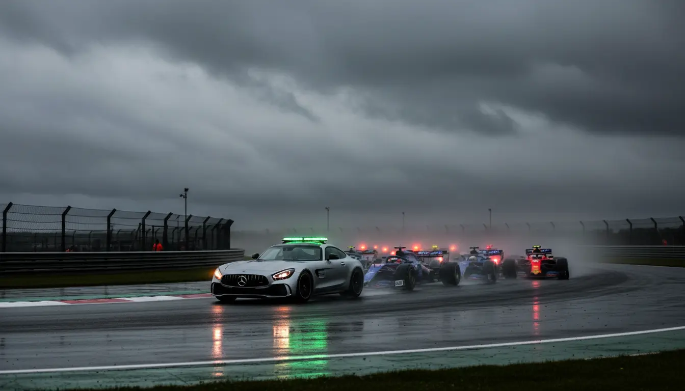 Safety car de Fórmula 1 liderando el pelotón en pista mojada