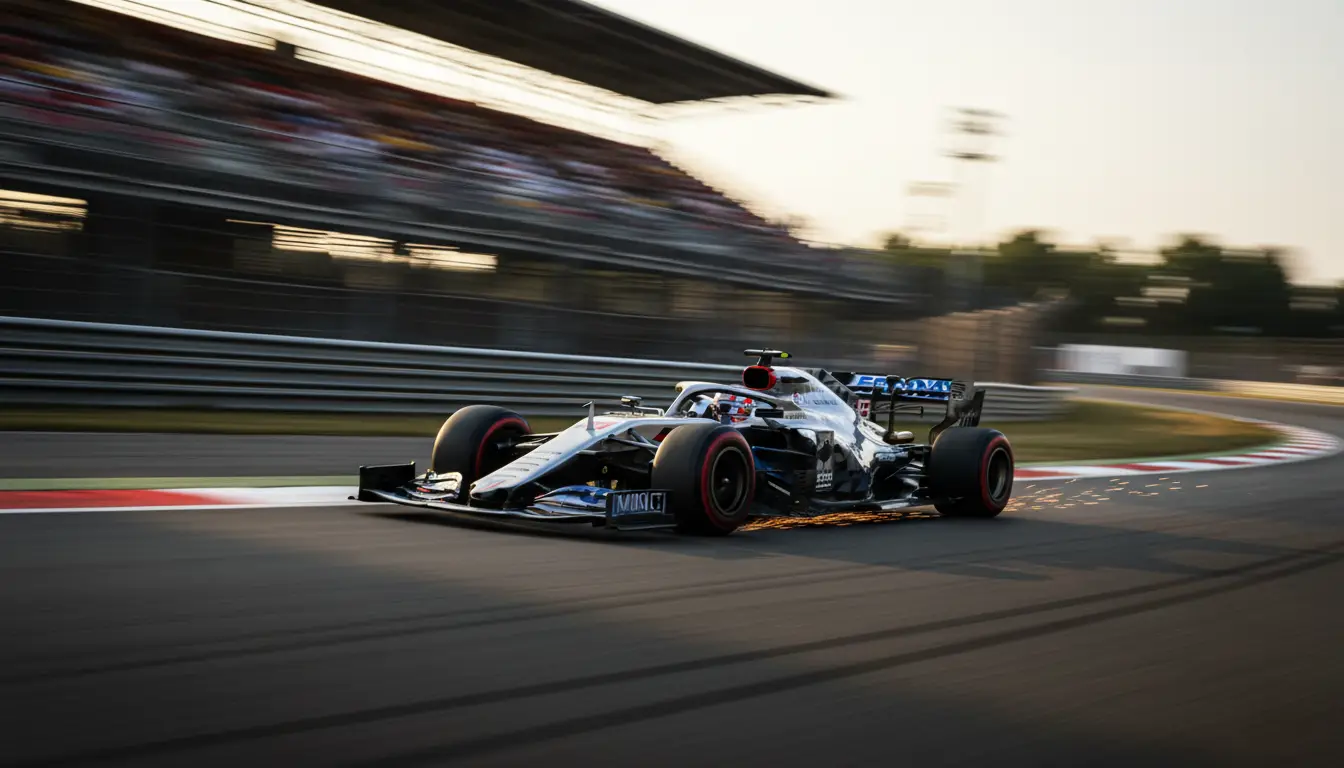 Monoplaza de F1 a alta velocidad con efecto de movimiento en curva rápida