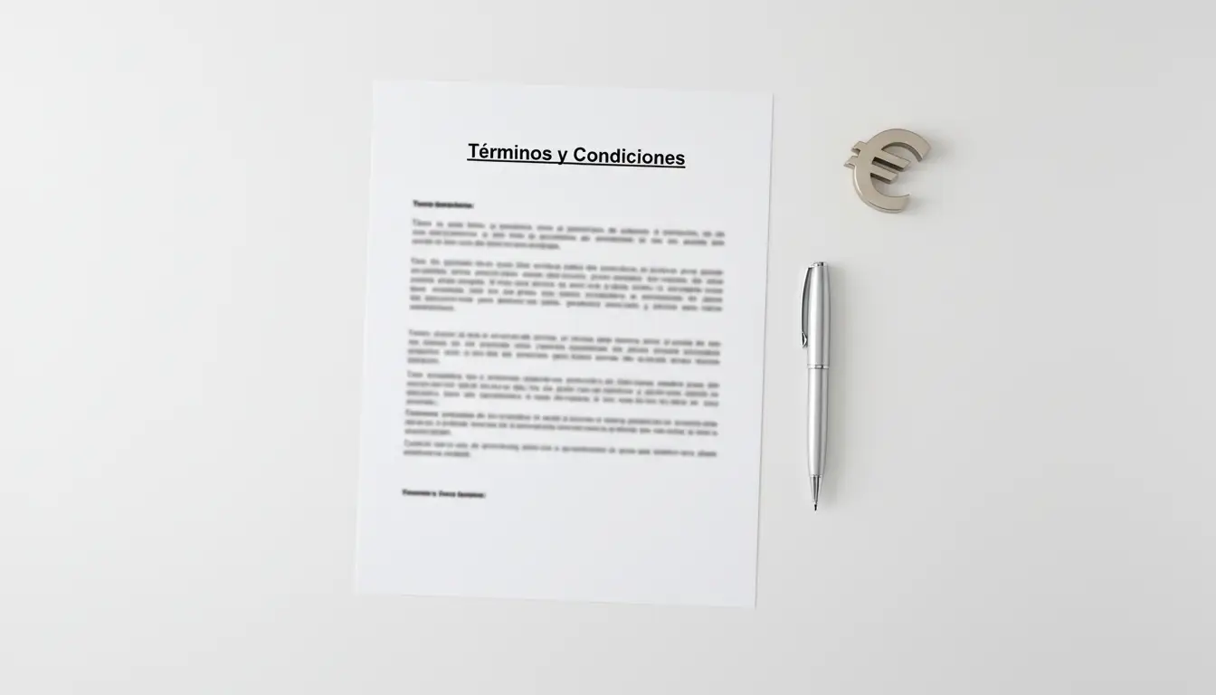 Documento con términos y condiciones junto a símbolo de euro