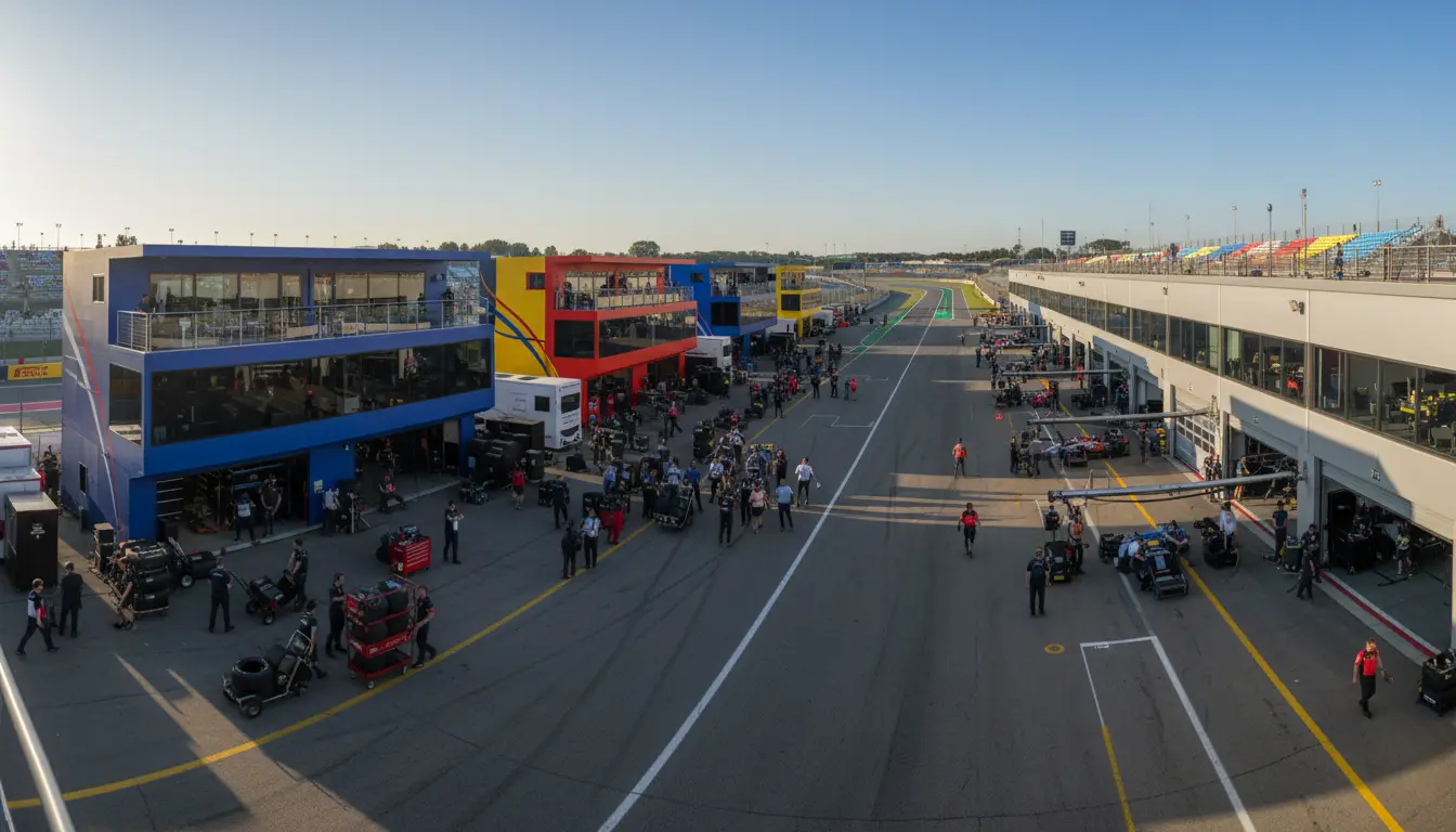 Vista panorámica de paddock de Fórmula 1 con equipos preparándose