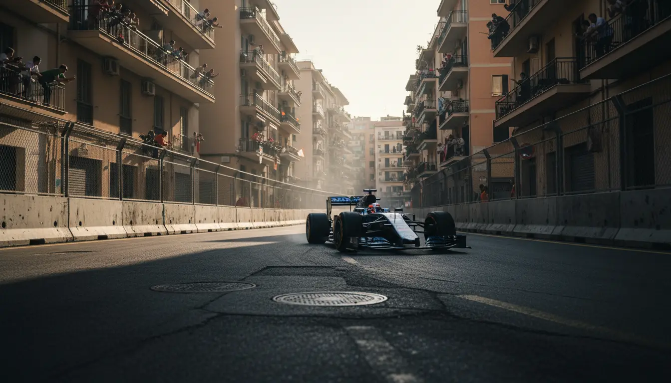 Monoplaza de Fórmula 1 en circuito callejero con muros de protección