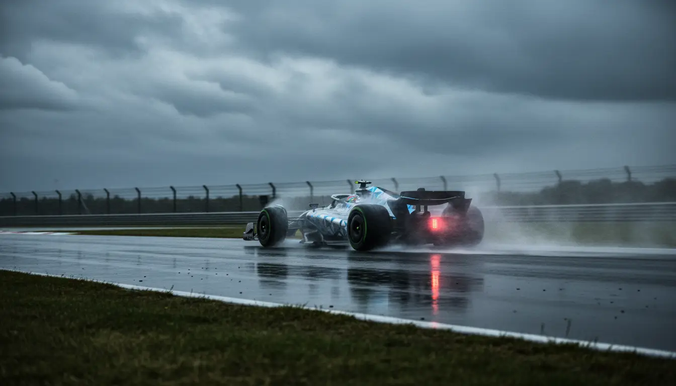 Monoplaza de Fórmula 1 rodando sobre pista mojada con salpicaduras de agua