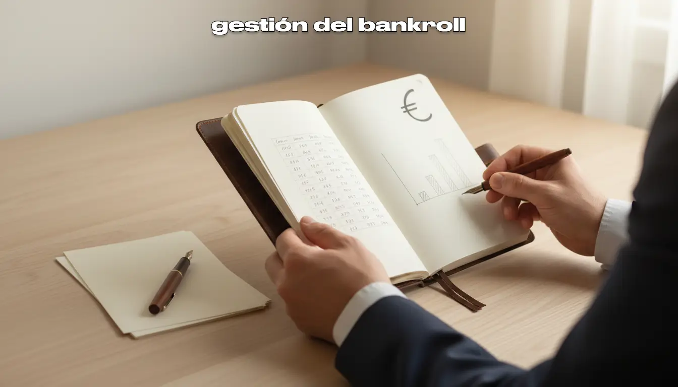 Persona organizando presupuesto de apuestas con libreta y símbolo de euro