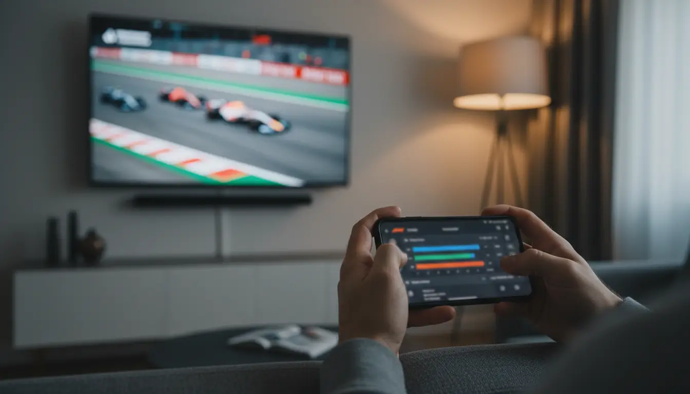 Manos usando smartphone con datos deportivos durante carrera de F1