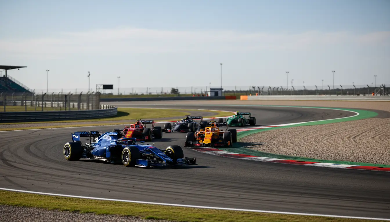 Monoplaza de Fórmula 1 en plena carrera con el pelotón detrás en un Gran Premio
