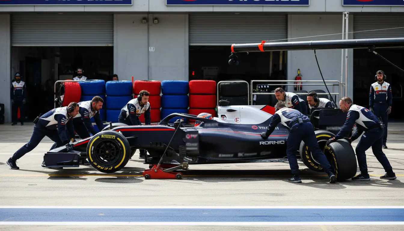 Mecánicos de F1 cambiando neumáticos en parada en boxes