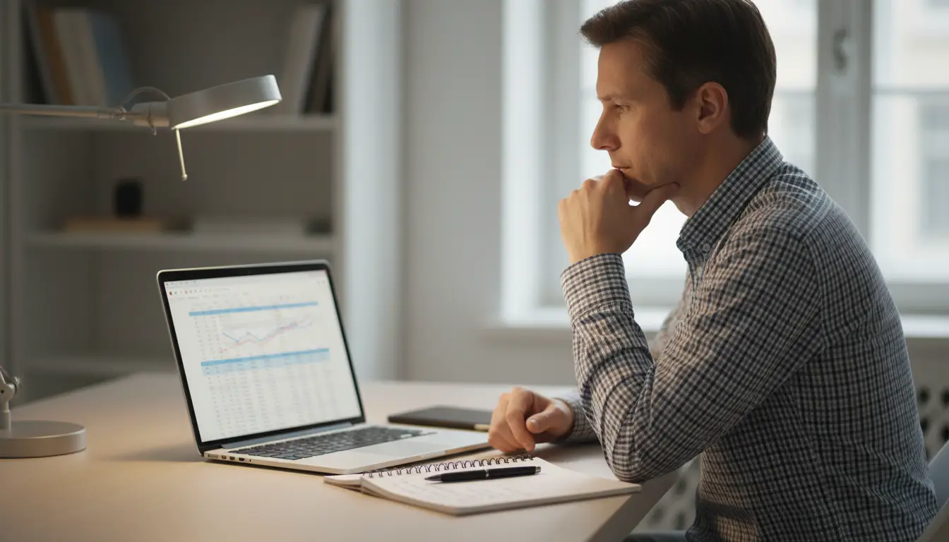 Persona analizando datos deportivos en portátil con expresión concentrada